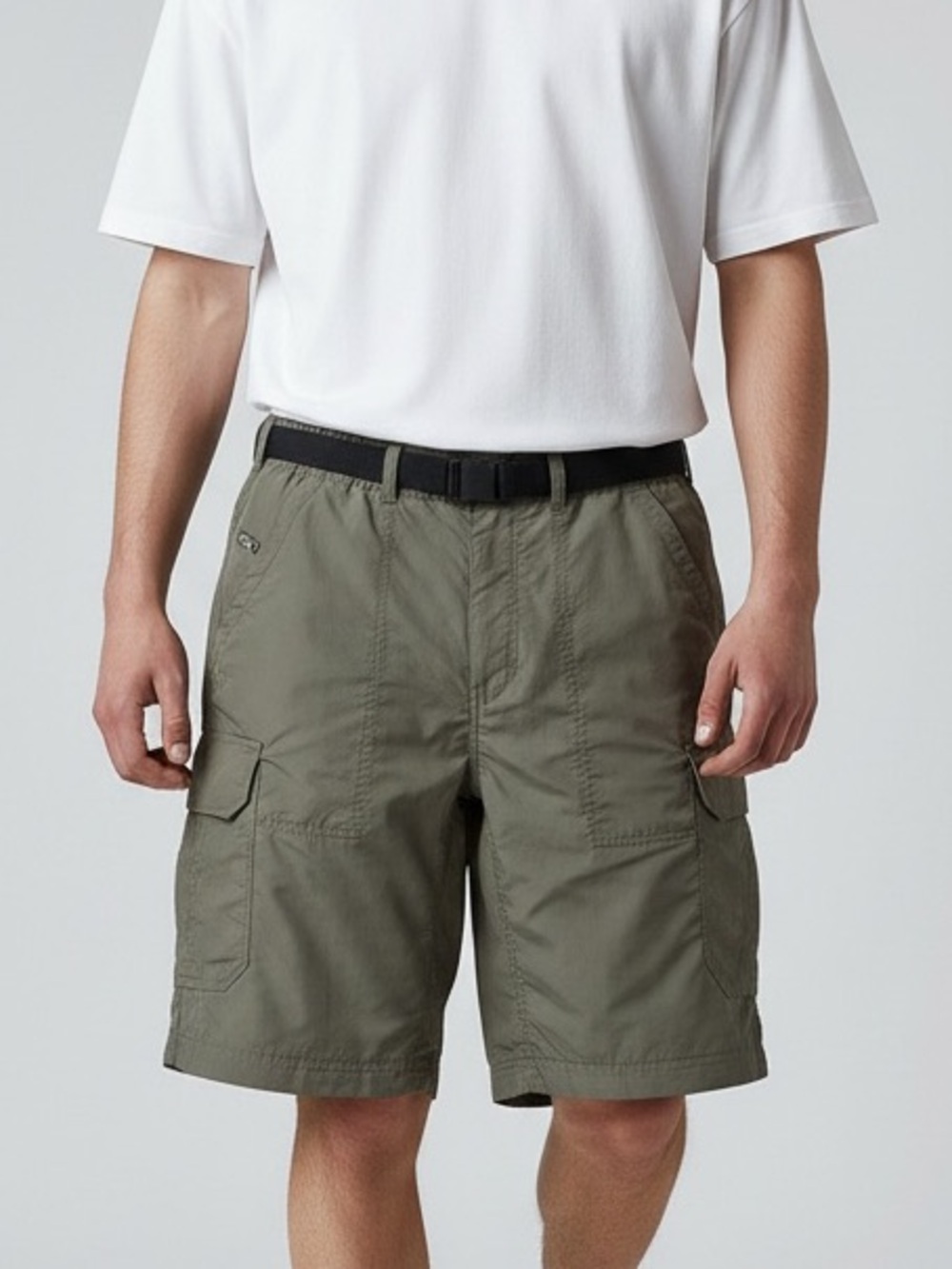 REI 36L hiking cargo summer shorts olive green with black web belt many pockets